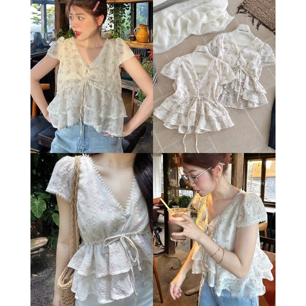 Áo babydoll cổ V cột nơ eo dệt hoa nổi xoè 2 tầng phối ren - 140