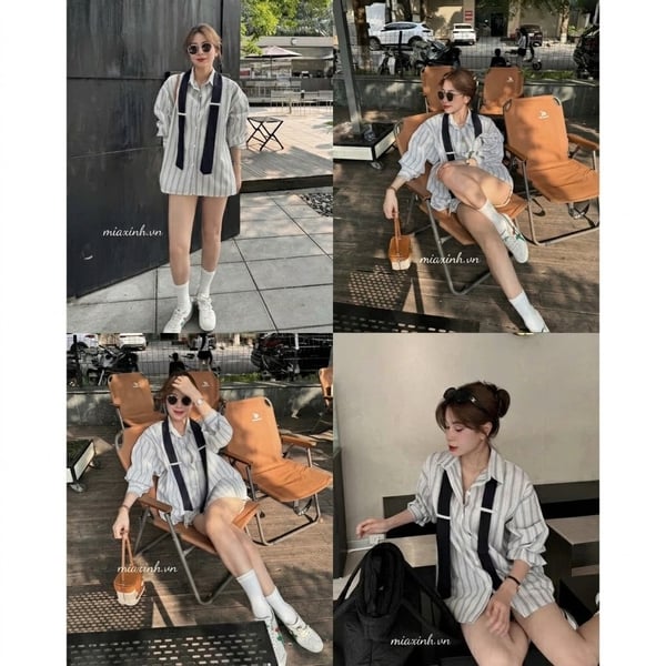 Áo sơ mi nữ kẻ sọc Oxford cao cấp kèm cà vạt thời thượng tay dài vải dày mịn mát - 026