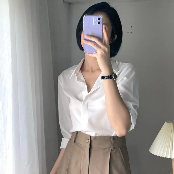 Áo sơ mi trắng nữ tay dài vải Kate Nhật cao cấp thanh lịch - 033