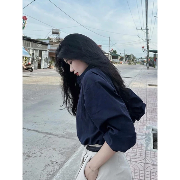 Áo sơ mi nữ xanh than thêu nổi tinh tế chất kate lụa Hàn Quốc - 025 