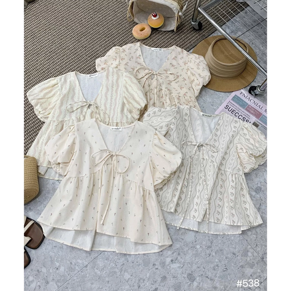 Áo babydoll cổ tim [CHẤT XỊN - ẢNH THẬT] tay phồng dệt hoạ tiết tiểu thư công chúa - 042 -