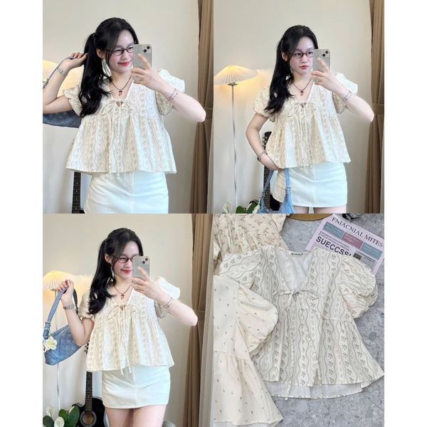 Áo babydoll cổ tim [CHẤT XỊN - ẢNH THẬT] tay phồng dệt hoạ tiết tiểu thư công chúa - 042 -