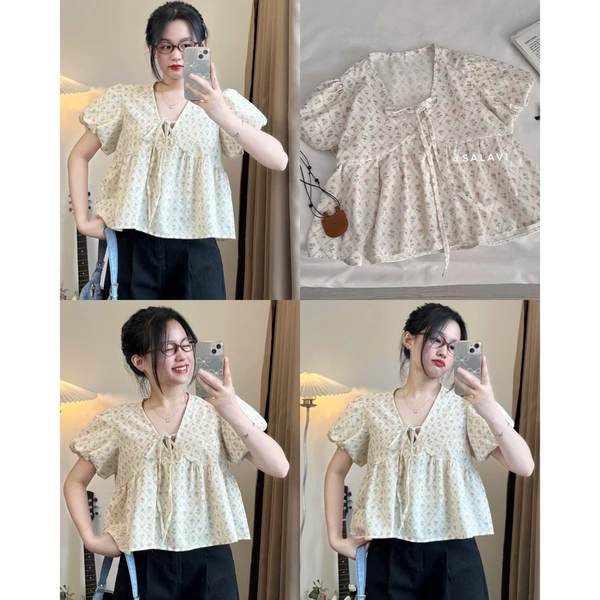 Áo babydoll cổ tim [CHẤT XỊN - ẢNH THẬT] tay phồng dệt hoạ tiết tiểu thư công chúa - 042 -