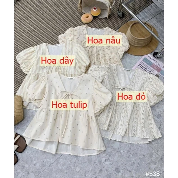 Áo babydoll cổ tim [CHẤT XỊN - ẢNH THẬT] tay phồng dệt hoạ tiết tiểu thư công chúa - 042 -