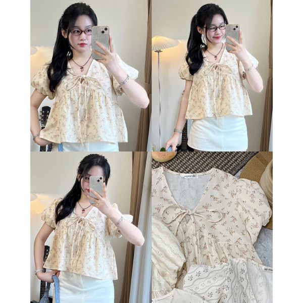 Áo babydoll cổ tim [CHẤT XỊN - ẢNH THẬT] tay phồng dệt hoạ tiết tiểu thư công chúa - 042 -