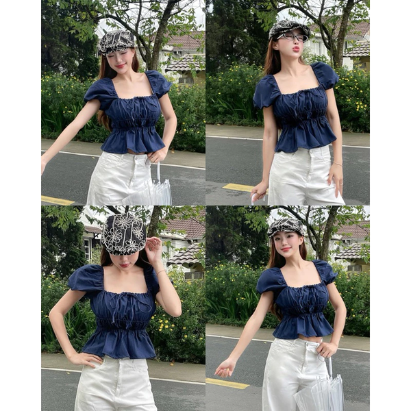 Áo babydoll linen tay phồng thắt nơ phong cách coquette tiểu thư - 018