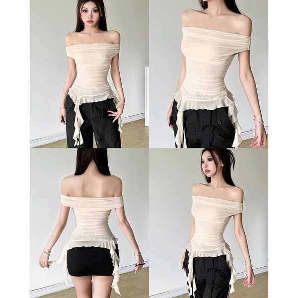 Áo lưới trễ vai sứa Mia ôm body phối tua rua gợi cảm phong cách Hàn Quốc - 056