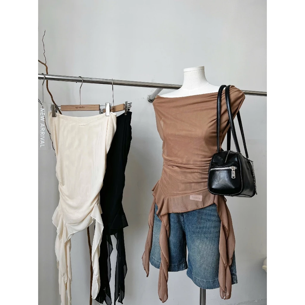 Áo lưới trễ vai sứa Mia ôm body phối tua rua gợi cảm phong cách Hàn Quốc - 056
