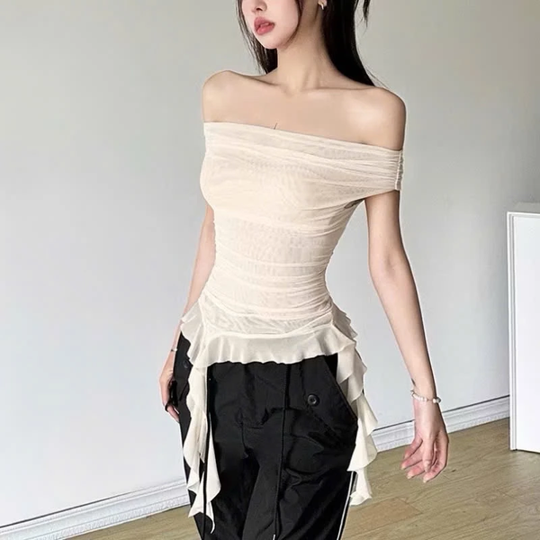 Áo lưới trễ vai sứa Mia ôm body phối tua rua gợi cảm phong cách Hàn Quốc - 056