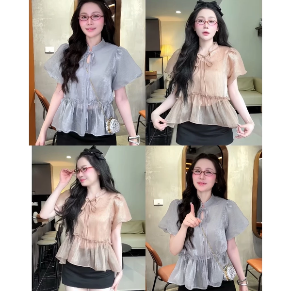 Áo babydoll tơ óng tay bồng thắt nơ tiểu thư duyên dáng - 059
