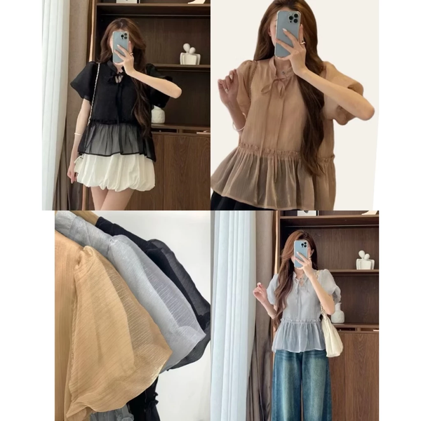 Áo babydoll tơ óng tay bồng thắt nơ tiểu thư duyên dáng - 059