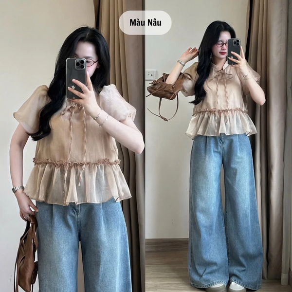 Áo babydoll tơ óng tay bồng thắt nơ tiểu thư duyên dáng - 059