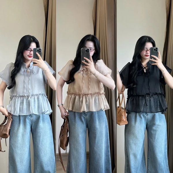 Áo babydoll tơ óng tay bồng thắt nơ tiểu thư duyên dáng - 059