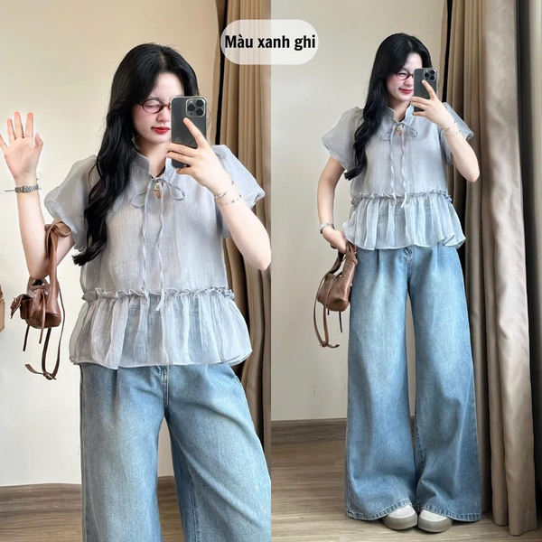 Áo babydoll tơ óng tay bồng thắt nơ tiểu thư duyên dáng - 059