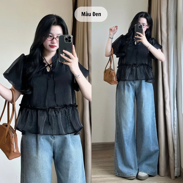 Áo babydoll tơ óng tay bồng thắt nơ tiểu thư duyên dáng - 059