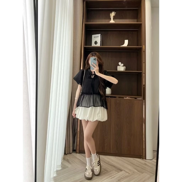 Áo babydoll tơ óng tay bồng thắt nơ tiểu thư duyên dáng - 059