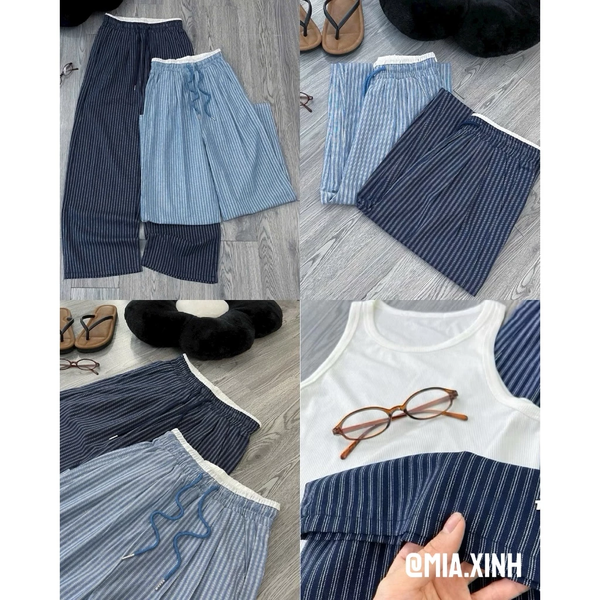 Quần jean giấy ống rộng kẻ sọc xanh phối cạp trắng năng động - 061