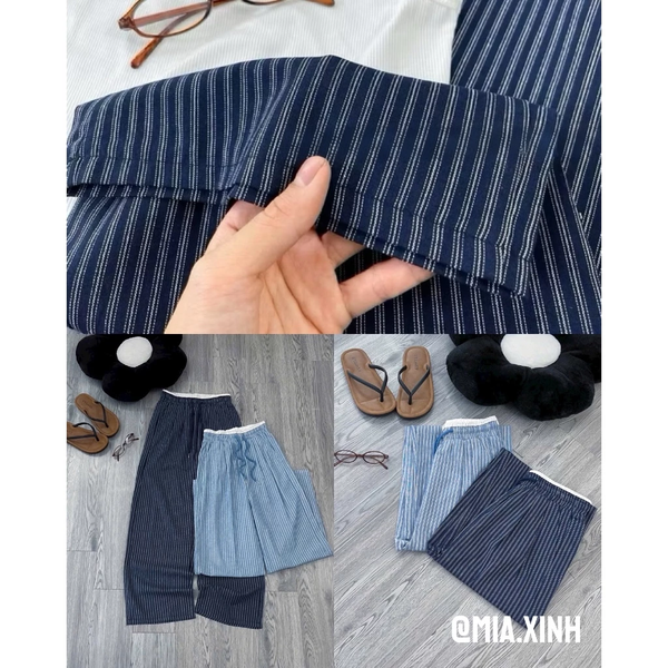 Quần jean giấy ống rộng kẻ sọc xanh phối cạp trắng năng động - 061