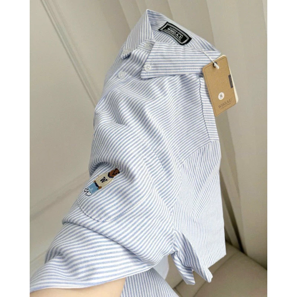 Áo sơ mi nữ tay ngắn thêu nổi có túi vải oxford họa tiết sọc thanh lịch - 002 (1)