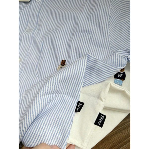 Áo sơ mi nữ tay ngắn thêu nổi có túi vải oxford họa tiết sọc thanh lịch - 002 (1)