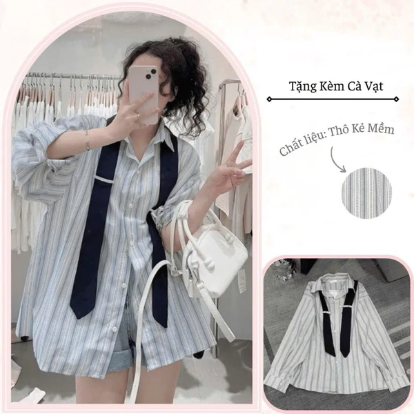 Áo sơ mi nữ kẻ sọc Oxford cao cấp kèm cà vạt thời thượng tay dài vải dày mịn mát - 026