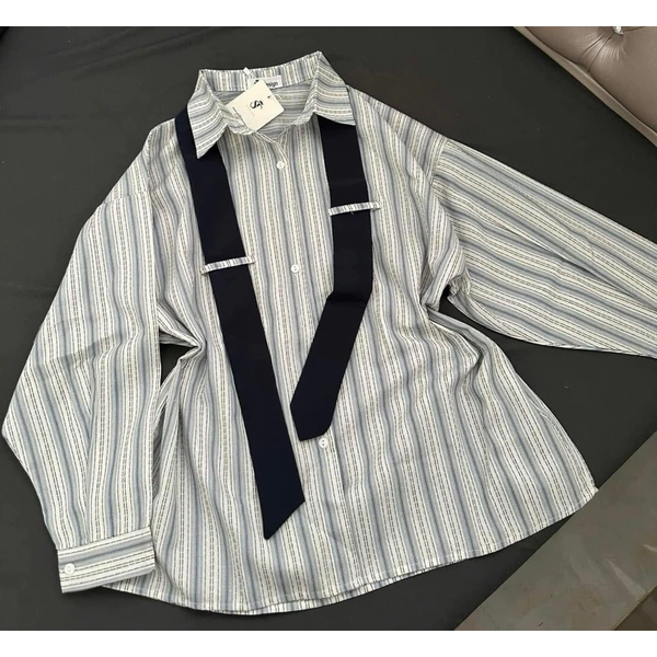 Áo sơ mi nữ kẻ sọc Oxford cao cấp kèm cà vạt thời thượng tay dài vải dày mịn mát - 026