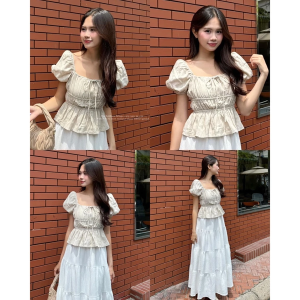Áo babydoll linen tay phồng thắt nơ phong cách coquette tiểu thư - 018