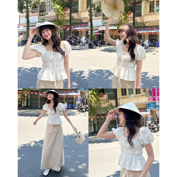 Áo babydoll linen tay phồng thắt nơ phong cách coquette tiểu thư - 018