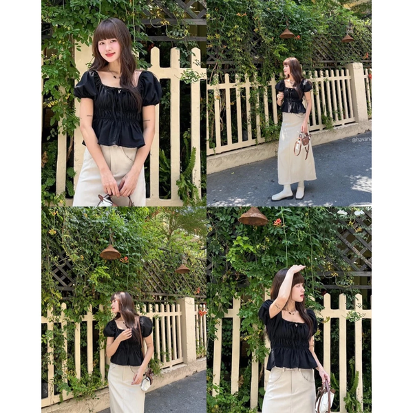 Áo babydoll linen tay phồng thắt nơ phong cách coquette tiểu thư - 018
