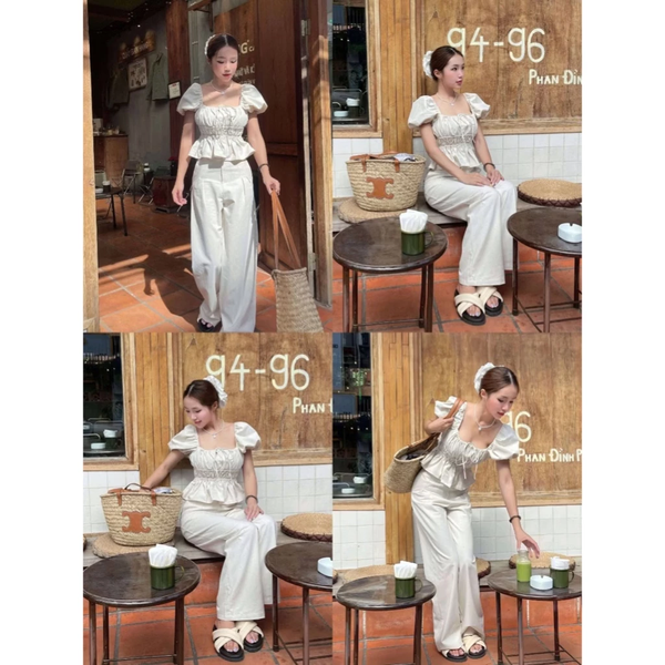 Áo babydoll linen tay phồng thắt nơ phong cách coquette tiểu thư - 018