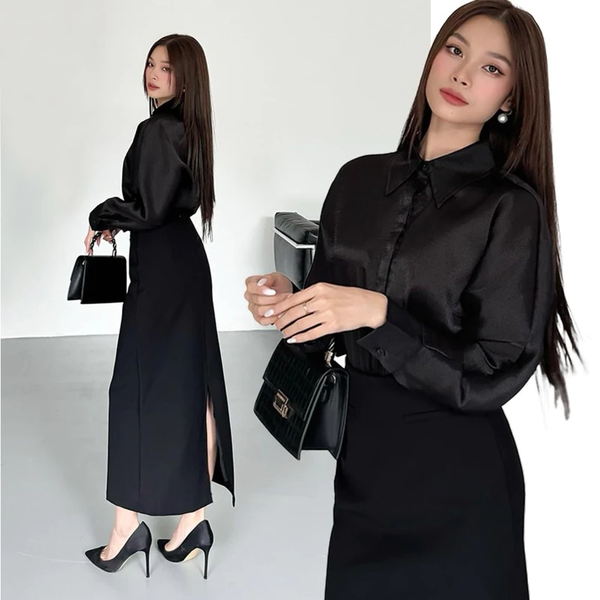 Áo sơ mi lụa Hàn Châu giấu cúc thanh lịch không nhăn cho nàng công sở - 107