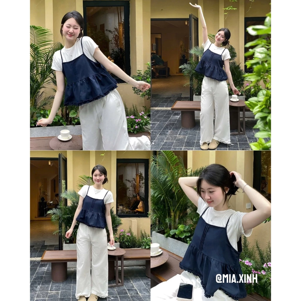 Set áo thun cotton phối hai dây tơ dáng xòe tiểu thư thanh lịch - 098