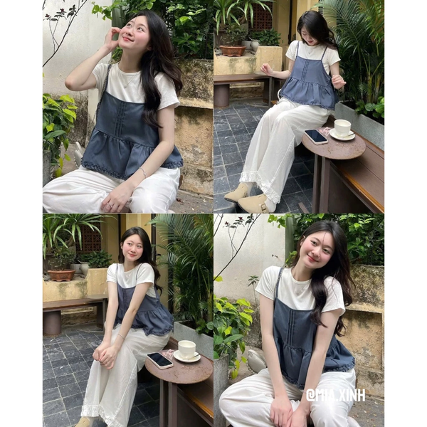 Set áo thun cotton phối hai dây tơ dáng xòe tiểu thư thanh lịch - 098