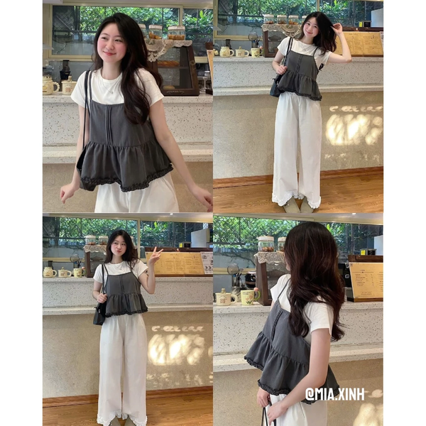 Set áo thun cotton phối hai dây tơ dáng xòe tiểu thư thanh lịch - 098