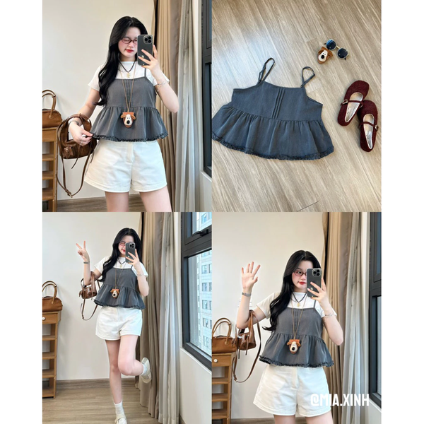 Set áo thun cotton phối hai dây tơ dáng xòe tiểu thư thanh lịch - 098