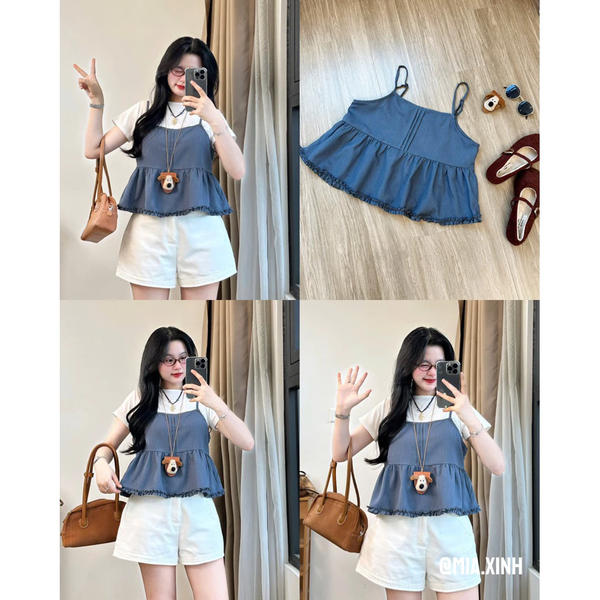 Set áo thun cotton phối hai dây tơ dáng xòe tiểu thư thanh lịch - 098