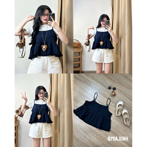 Set áo thun cotton phối hai dây tơ dáng xòe tiểu thư thanh lịch - 098