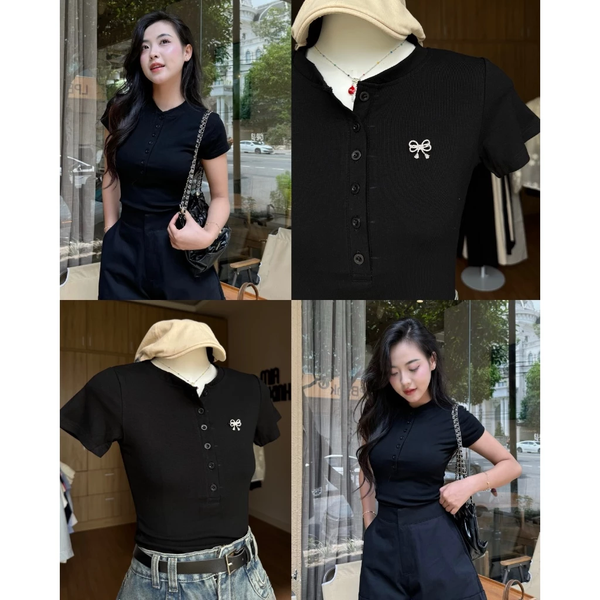 Áo croptop thun gân ôm body phối cúc tôn dáng mềm mịn - 080