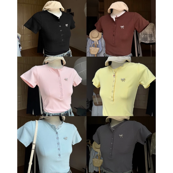 Áo croptop thun gân ôm body phối cúc tôn dáng mềm mịn - 080