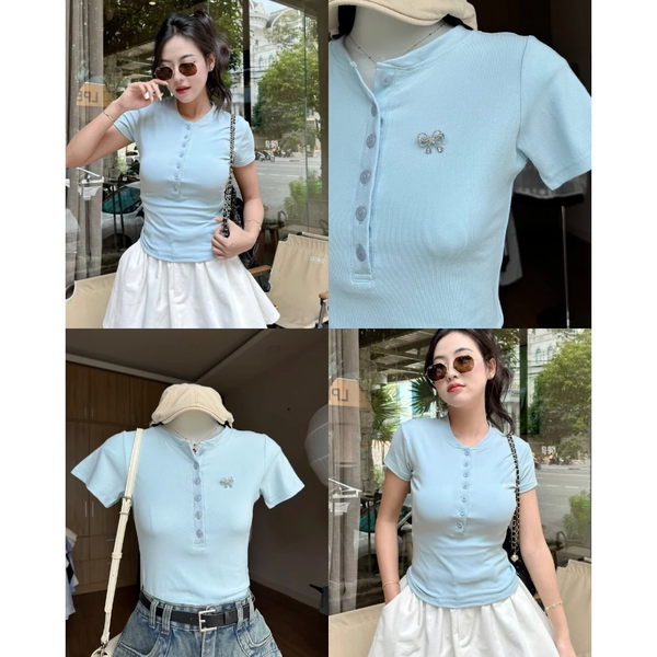 Áo croptop thun gân ôm body phối cúc tôn dáng mềm mịn - 080