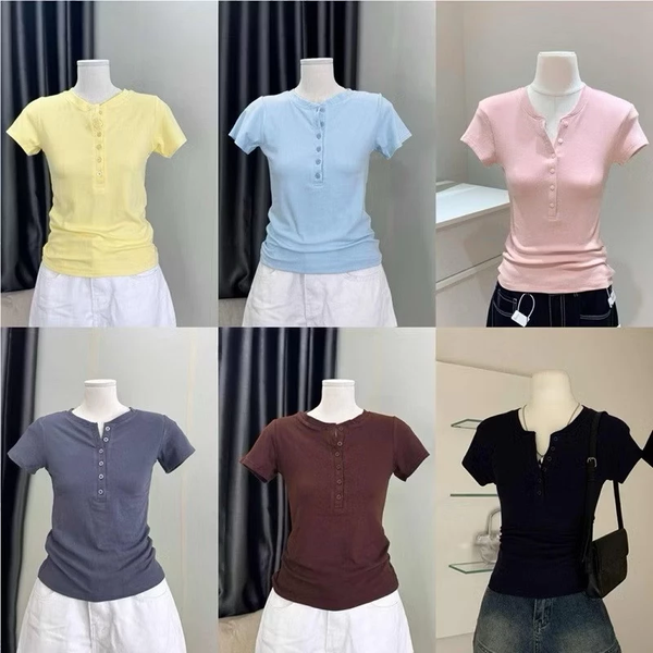 Áo croptop thun gân ôm body phối cúc tôn dáng mềm mịn - 080