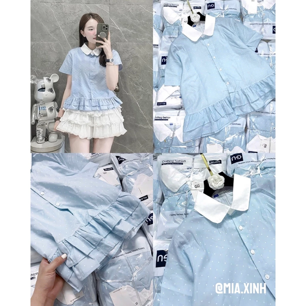 Áo sơ mi croptop cổ sen phối bèo tầng xanh chấm bi chất kate lụa - 085