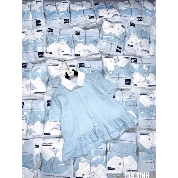 Áo sơ mi croptop cổ sen phối bèo tầng xanh chấm bi chất kate lụa - 085