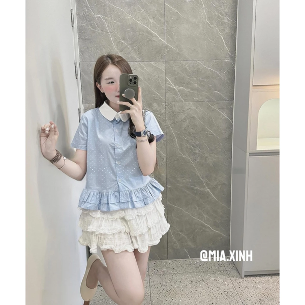 Áo sơ mi croptop cổ sen phối bèo tầng xanh chấm bi chất kate lụa - 085