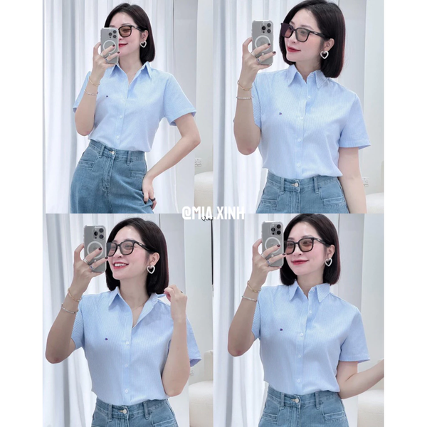 Áo sơ mi nữ Oxford tay ngắn thêu nổi tinh tế phong cách trẻ trung -  058
