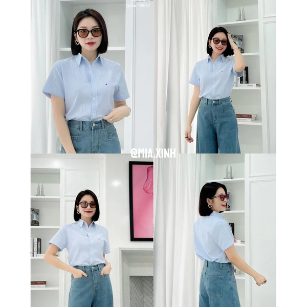 Áo sơ mi nữ Oxford tay ngắn thêu nổi tinh tế phong cách trẻ trung -  058