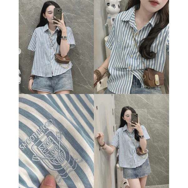 Áo sơ mi nữ kẻ sọc xanh thêu logo chất cotton Oxford cao cấp thanh lịch - 020