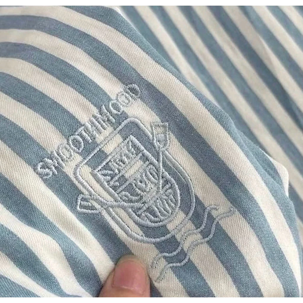 Áo sơ mi nữ kẻ sọc xanh thêu logo chất cotton Oxford cao cấp thanh lịch - 020