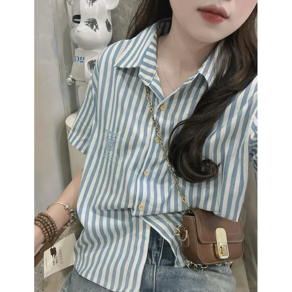 Áo sơ mi nữ kẻ sọc xanh thêu logo chất cotton Oxford cao cấp thanh lịch - 020