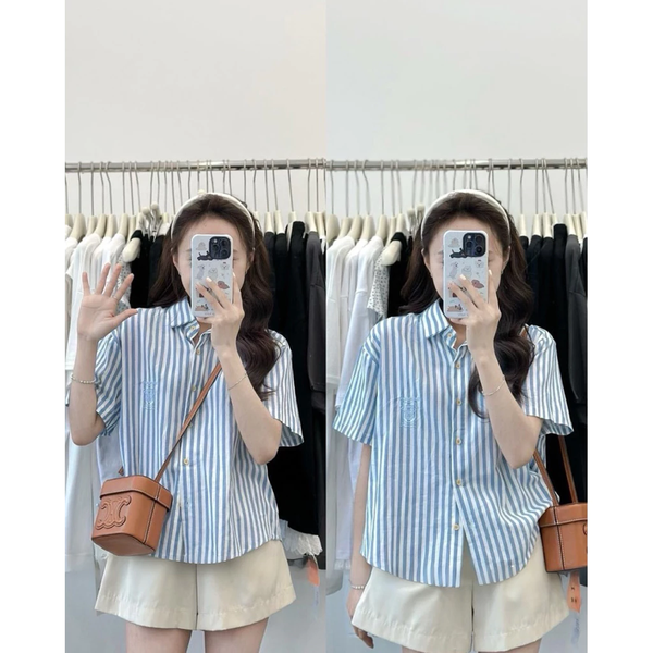 Áo sơ mi nữ kẻ sọc xanh thêu logo chất cotton Oxford cao cấp thanh lịch - 020